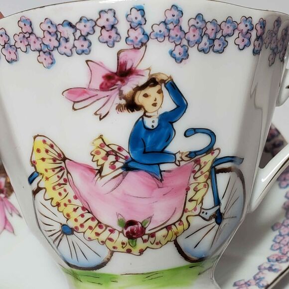 Girl On Bike Teacup and Saucer Hand Painted Vintage - Picture 3 of 10